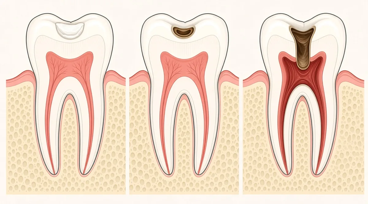 Illustrazione schematica di tre molari in sezione: a sinistra una macchia bianca nello smalto, al centro una piccola cavità che entra appena nella dentina, a destra una carie profonda che raggiunge la polpa infiammata