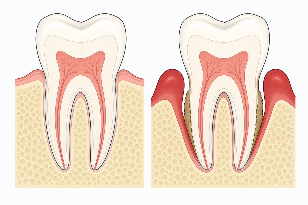 Sezione di un dente sano a confronto con lo stesso dente colpito da parodontite: tasca profonda, gengiva infiammata, tartaro sulla radice e osso alveolare riassorbito