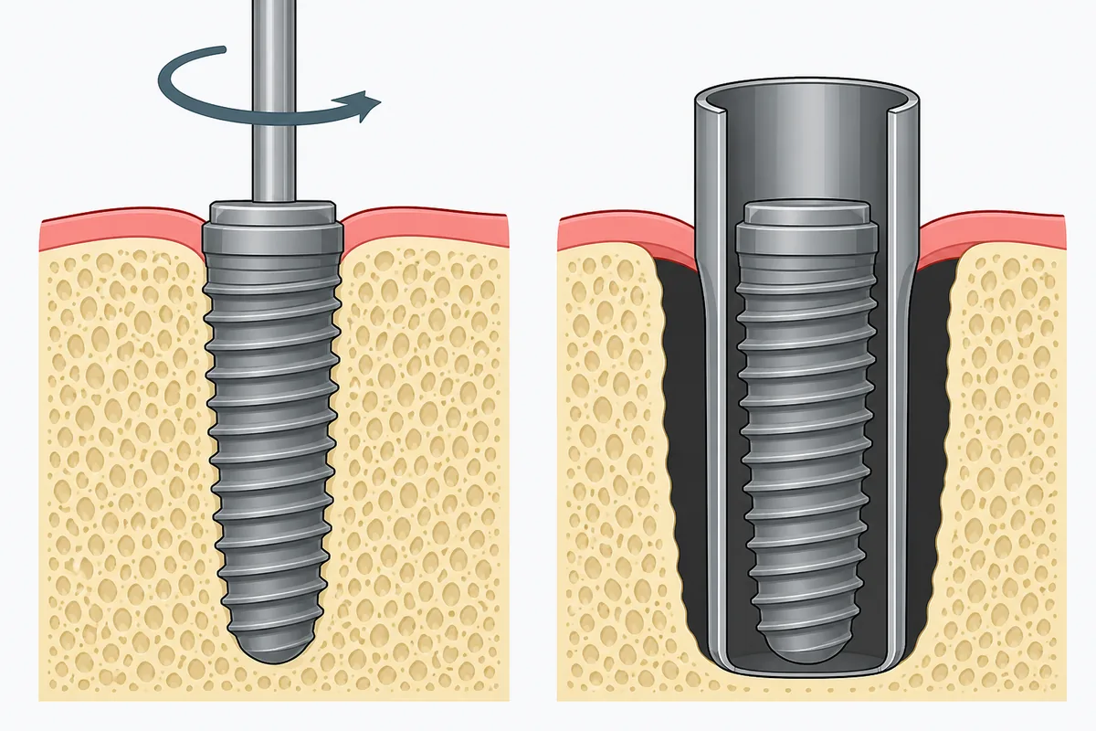 Confronto fra la rimozione di un impianto con il controtorque, che lascia l'osso intatto attorno alle spire, e con la fresa a corona, che asporta un anello di osso lungo tutto l'impianto